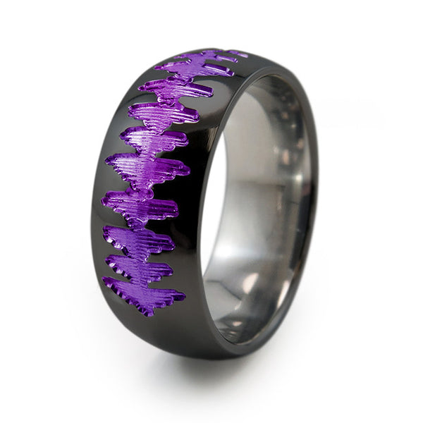 Black Titanium Ring with sound wave engraving of babys heartbeat from Ultrasound, or any sound wave that can be captured. 