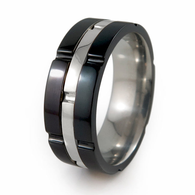Chronos Black Titanium Ring with Silver Inlay | Titanium Rings